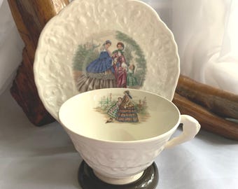 Vintage Haddon Hall Embossed Teacup Saucer: Godey Prints, Made Britain (c. 1930)