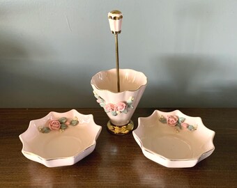 Vintage Napco Pink Porcelain Umbrella Dish Set – Floral Pin Trays