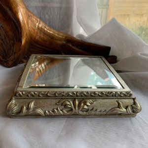 Vintage Small Ornate Silver Tone Square Raised/Relief Resin Bevelled Wall Mirror image 5