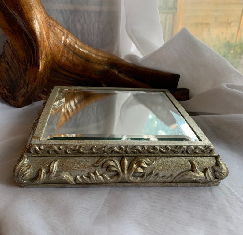 Vintage Small Ornate Silver Tone Square Raised/Relief Resin Bevelled Wall Mirror image 5