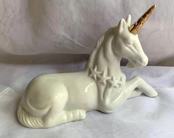 Vintage Porcelain White Unicorn with Gilded Horn Figurine, made in Taiwan