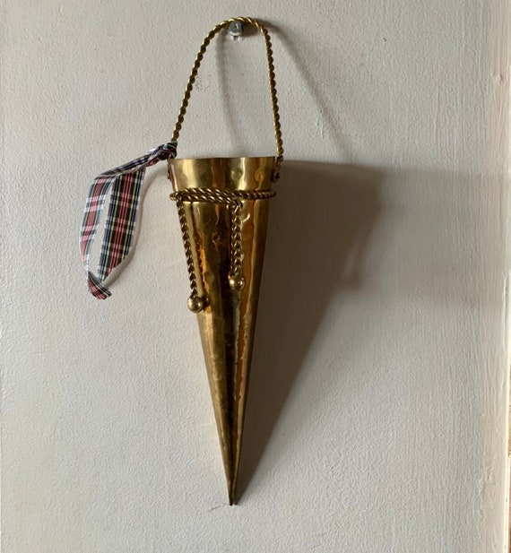 Vintage Hammered Brass Hanging Cone/wall Pocket Made in India 