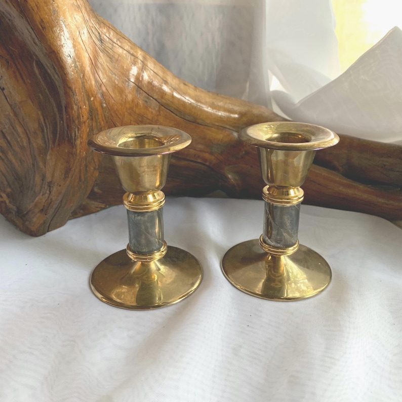 Vintage Lacquer Brass Marble Acrylic Candlestick Holders Set afbeelding 2