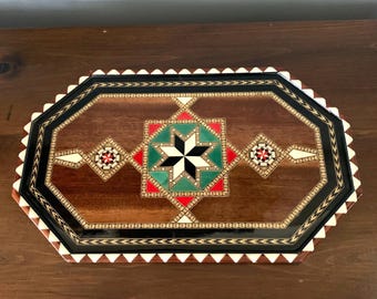 Vintage Spanish Lacquered Marquetry Wood Mosaic Inlay Tray
