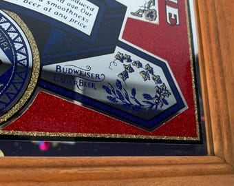 Vintage Wood Framed Glitter/sparkle Budweiser King of Beers Mirror