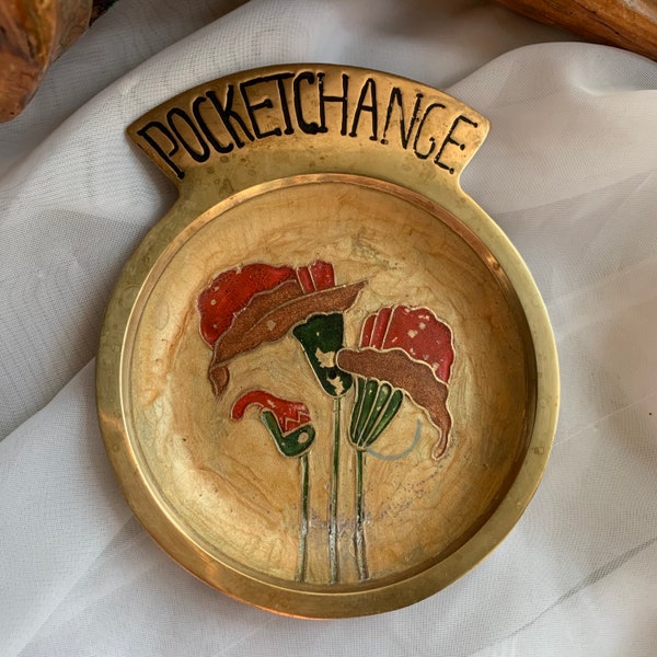 Vintage Brass Floral Enamel Pocket Change Dish/Tray