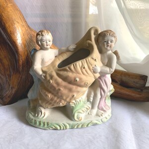 Vintage Bisque Porcelain Cherub/Angel Conch Shell Planter/Vase