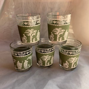 Vintage Mcm Hellenic Green Jasperware/Wedgwood Style Shot Glasses - Jeanette Glass