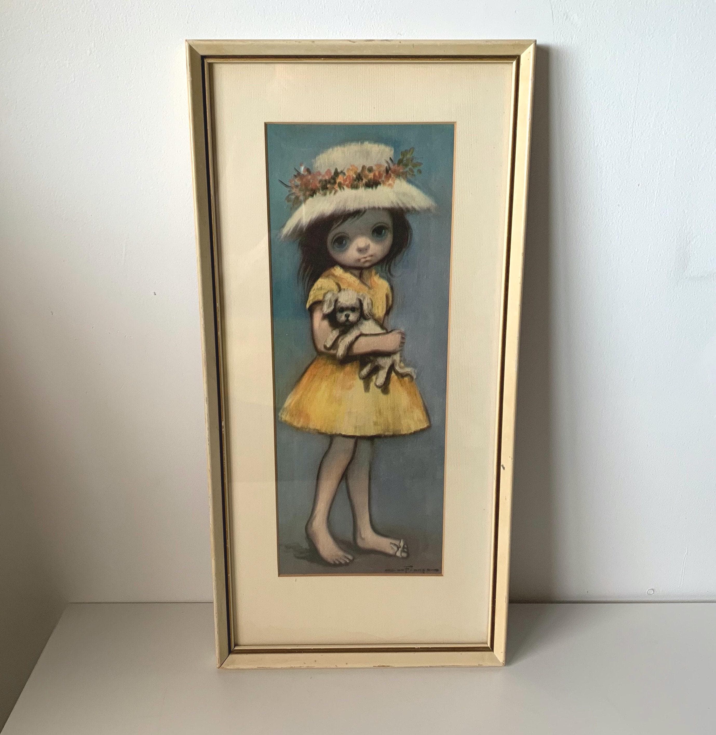Vintage Ozz Franca Wood Framed/matted Big Eyed Girl With Puppy