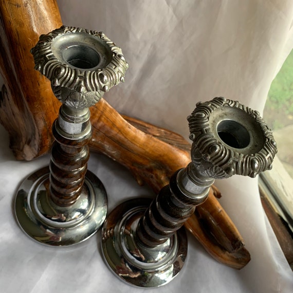 Vintage Chrome and Wood/barley Twist Candlestick Holders -  Canada