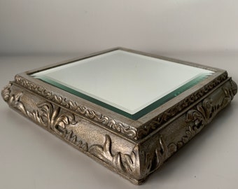 Vintage Small Ornate Silver Tone Square Raised/Relief Resin Bevelled Wall Mirror