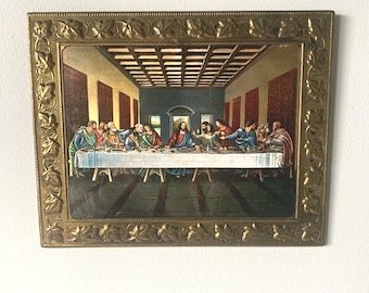 Vintage Brass Embossed Framed Foil/Metallic Last Supper Print  - Elpec/England