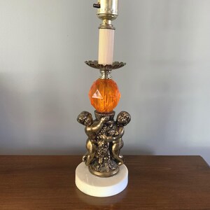 Vintage Gold Tone Cherub/Babies Accent Table Lamp with Faux Marble Plastic Base