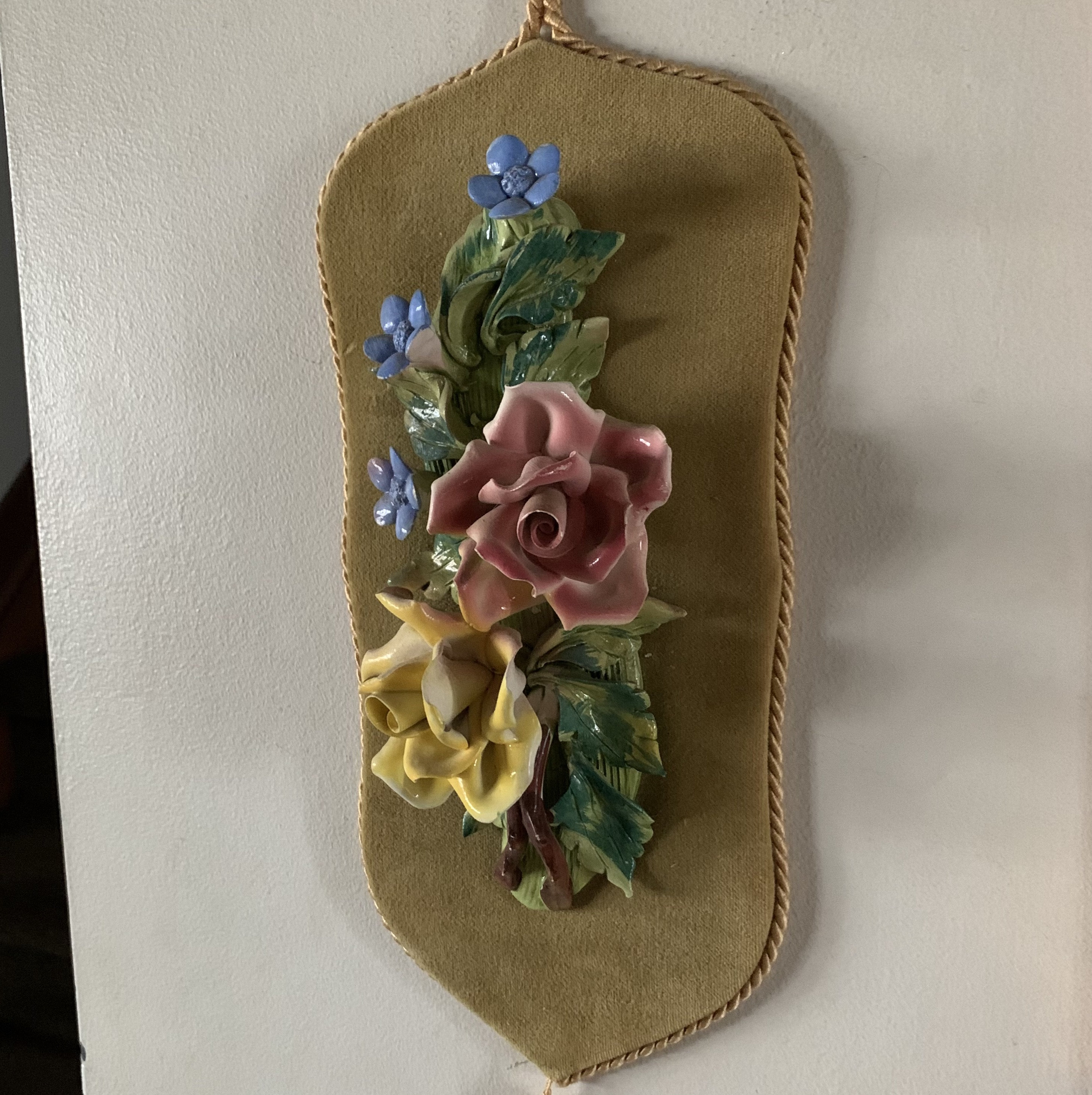 Vintage Capodimonte 3D Floral Porcelain Velvet Wall Plaque