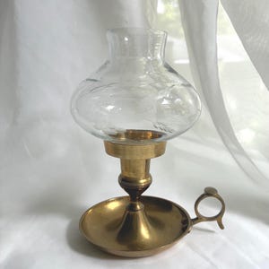 Vintage Brass Chamber-stick Candle holder with Etched Glass Hurricane Shade, made in India