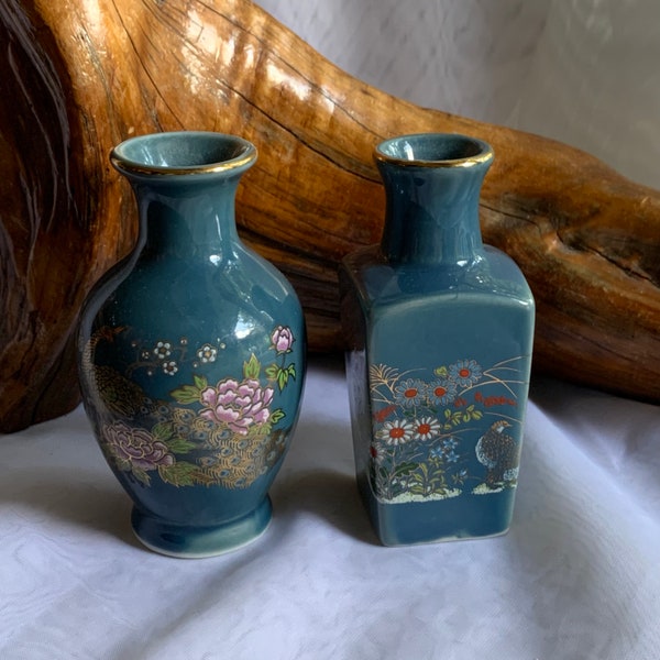 Vintage Asian Small/Mini Porcelain Blue/Gold Gilt Peacock/Pheasant Bud Vases - Made in Japan - Set of 2