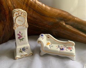 Vintage Fine Bone China Miniature Floral Chaise Lounge, and Grandfather Clock Hammersley/made in England