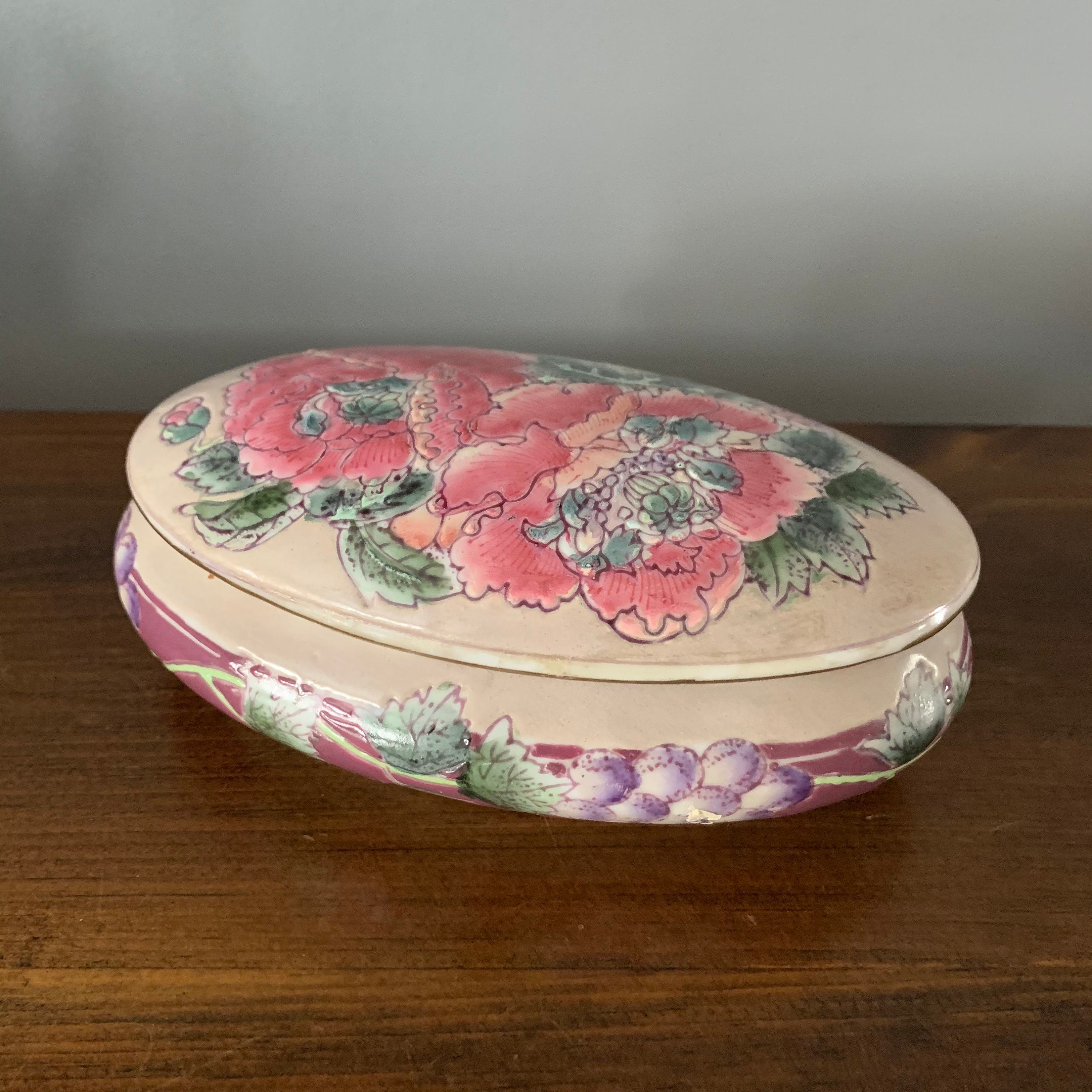 Small Oval Chinoiserie Painted Ceramic and Metal Trinket Box With Mirror  Lid