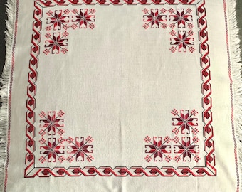 Vintage Handcrafted Traditional Folk Art Cross Stitch Fringed Table Square/Cloth