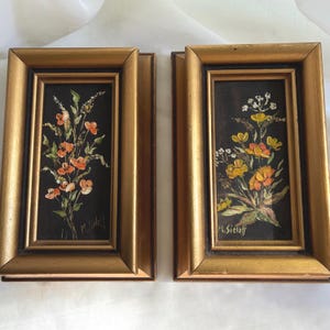 Vintage Small Gold Wooden Framed Floral Oil Painting Pair, Signed.