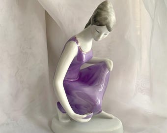 Vintage Hollohaza Hungary Hand Painted Porcelain Lady by the Water/Girl with Bowl Figurine