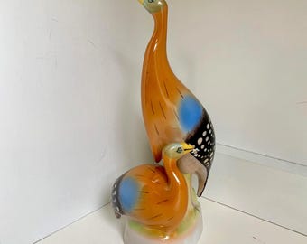 Vintage Hungarian Hand Painted Porcelain African Guinea Hens/Fowl Figurine - Hollohaza Hungary