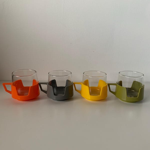 Vintage JAJ Pyrex Drink Cup/Mug with Plastic Casing - Set of 4  - Made in England