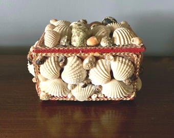 Vintage Folk Art Seashell Covered Trinket Box
