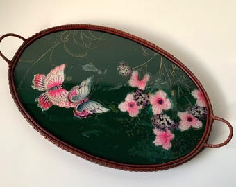 Vintage Oval Reverse Painted Foil Glass Handled Tray - Japan