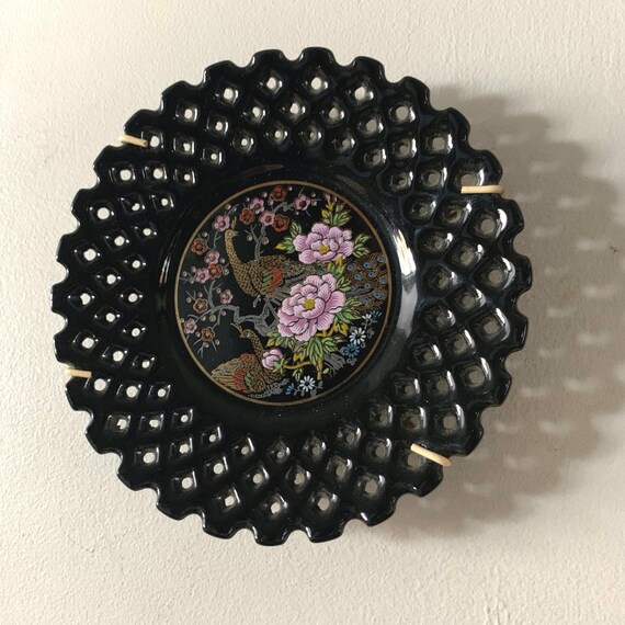 Vintage Small Black Porcelain Peacock Plate With Lace
