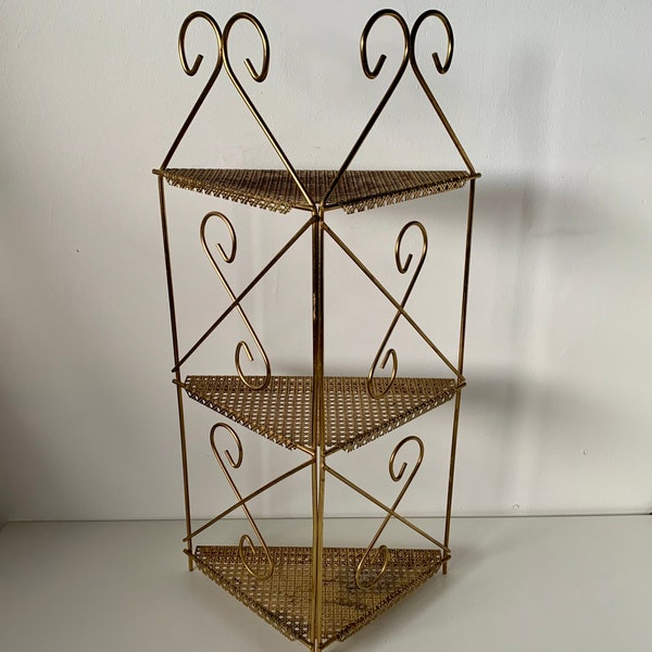 Vintage Mcm Gold Tone Mesh/Metal 3 Tiered Corner Shelf