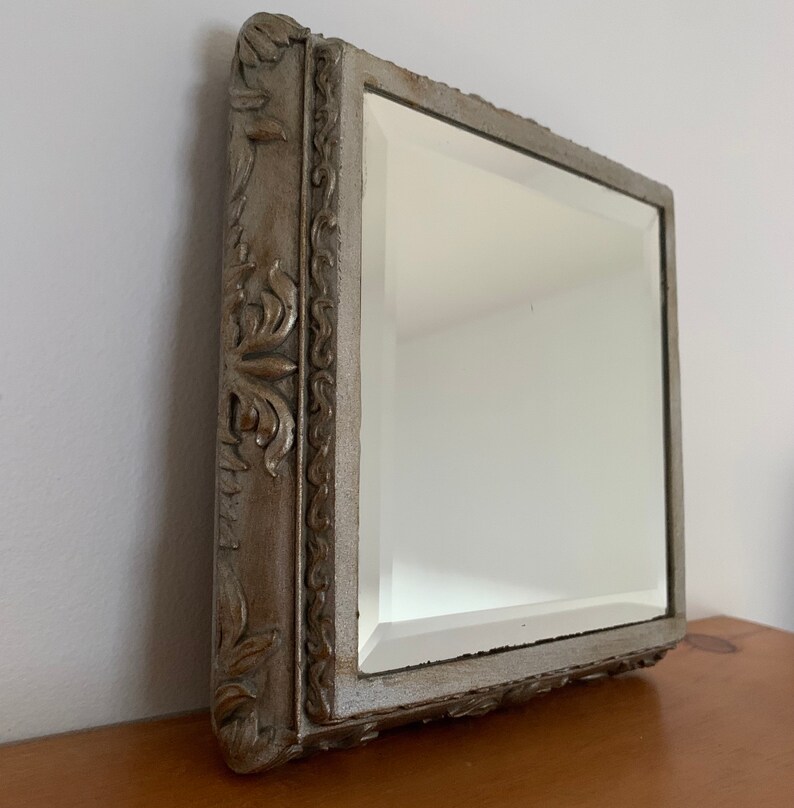 Vintage Small Ornate Silver Tone Square Raised/Relief Resin Bevelled Wall Mirror image 4