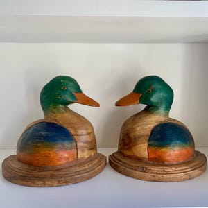 Vintage Hand Carved/Painted Folk Art Wooden Duck Bookends