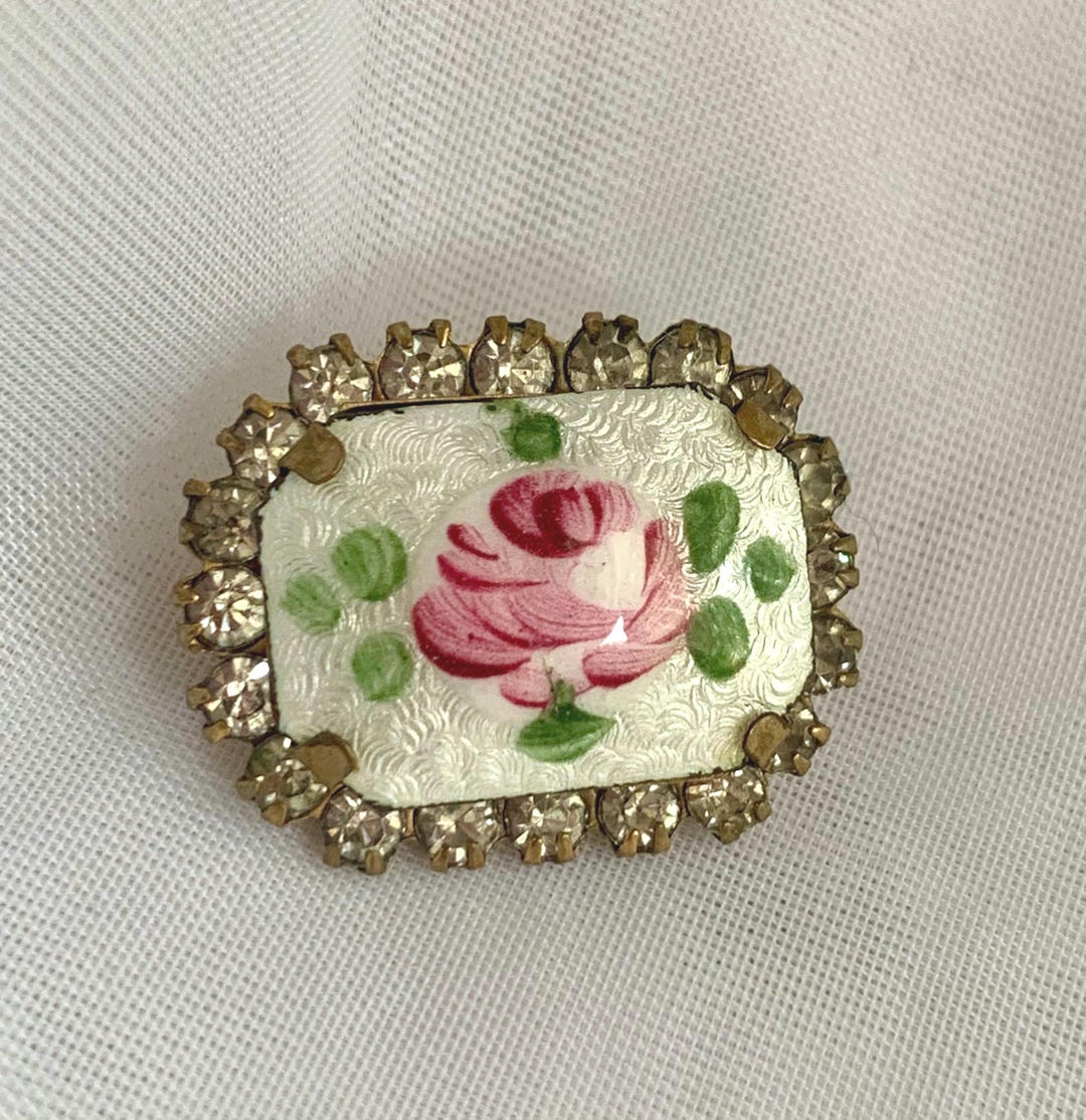 Vintage Hand Painted Rose Guilloche Enamel Rhinestone Pin/brooch - Etsy