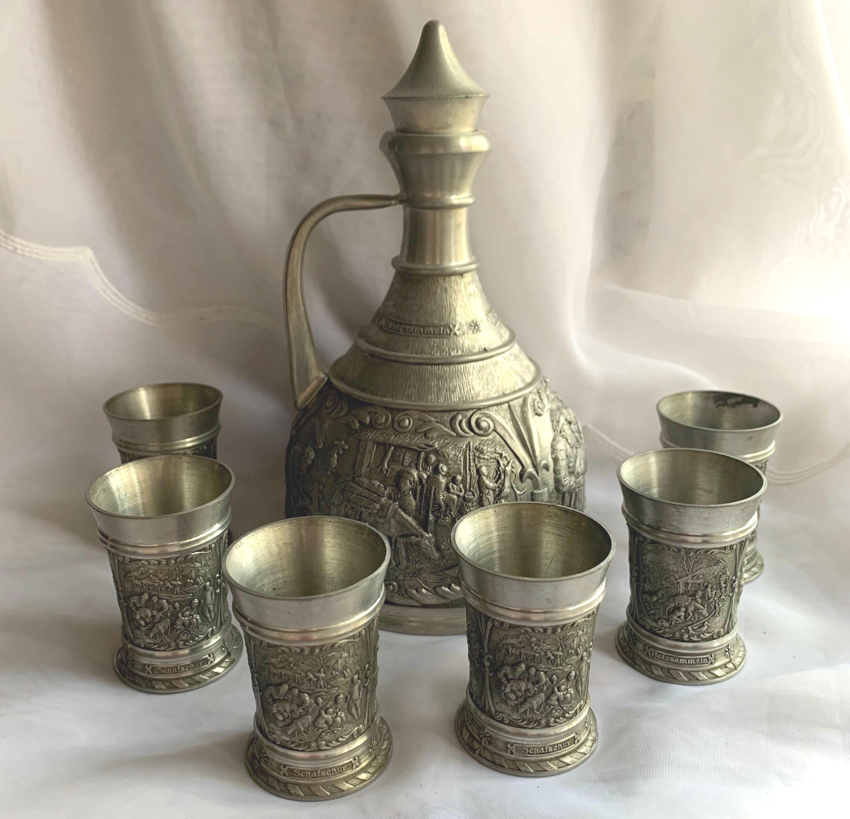 食器 shinshin Vintage SKS ZINN Pewter Decanter and Six Shot Glasses - Made in W