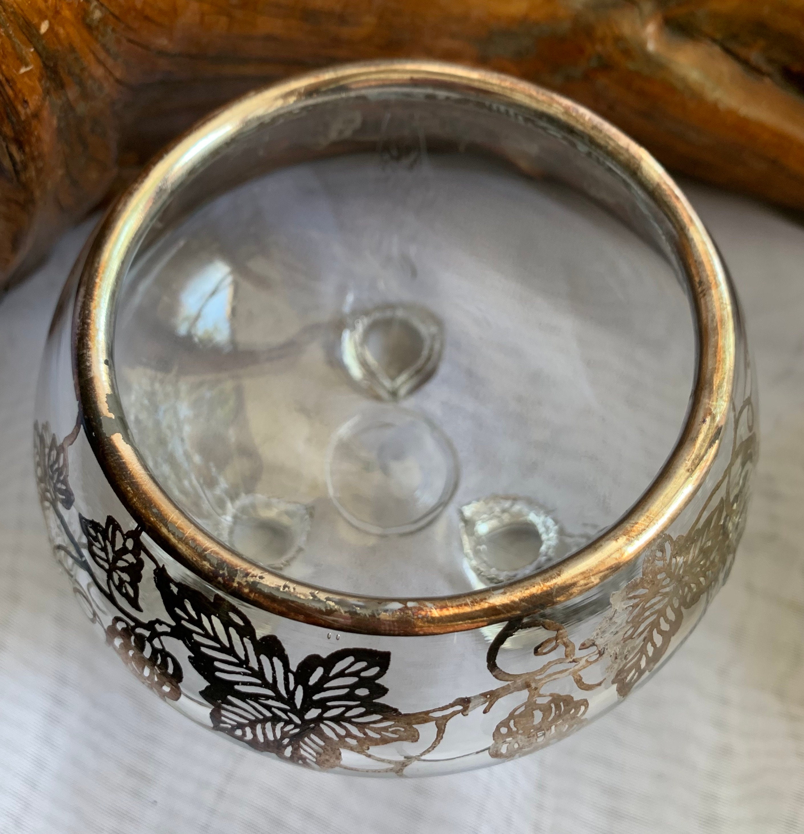 Vintage 3 Footed Glass Flower Frog Bowl With Gilt Overlay Leaf Etsy