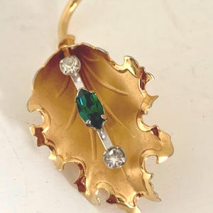 Vintage Bond Boyd Sterling Silver/Gold Vermeil Leaf Brooch with Crystal Rhinestones