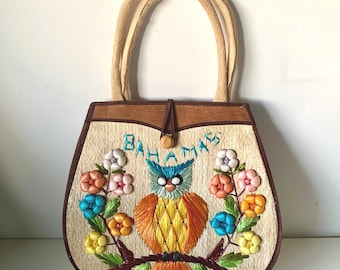 Vintage Souvenir Woven Floral Straw Handbag/Purse
