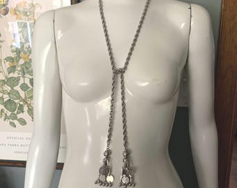Vintage Silver Tone Tassel Chain Lariat Style Necklace