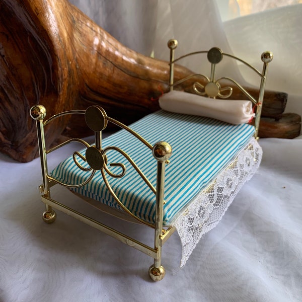 Vintage Miniature/Dollhouse Single Brass Ball Top Bed with Mattress - Shackman, NY/Made in Japan