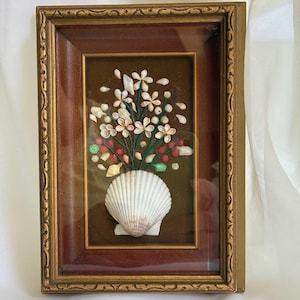 Vintage Wooden Shadowbox Framed Seashell Floral Bouquet Wall Art