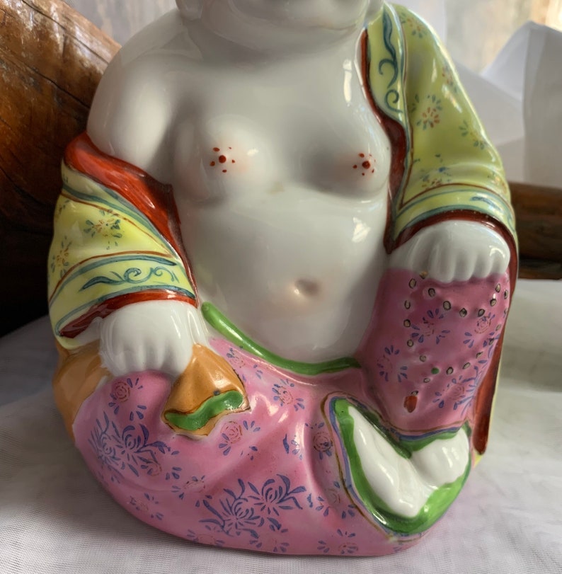 Vintage Hand Painted Porcelain Chinese Laughing Buddha Figurine/Statue image 6