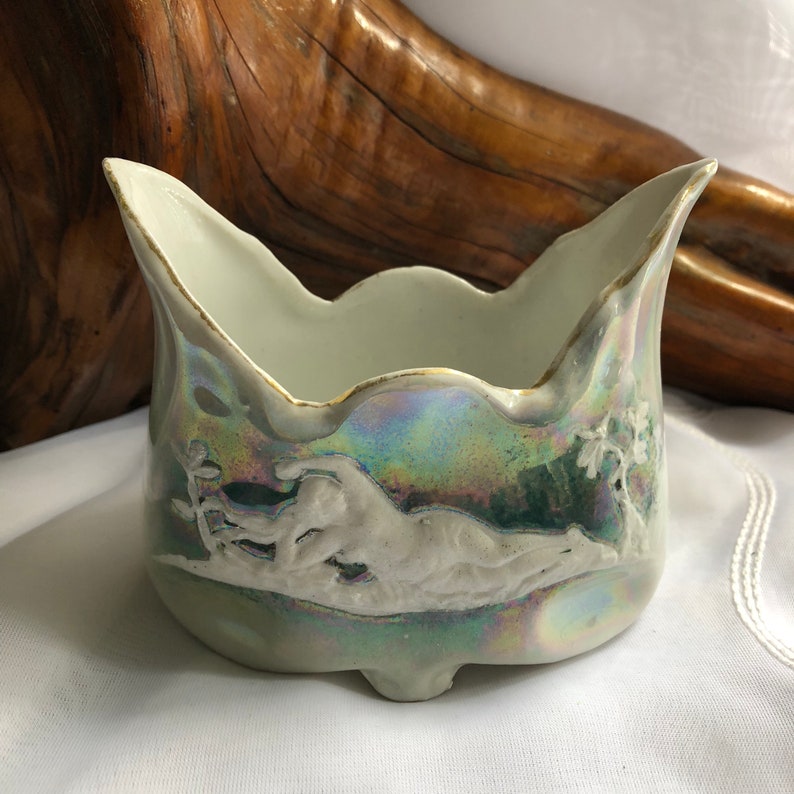 AntiqueVintage Altenburg Saxony Germany Porcelain Green Iridescent LustrewareRaised Relief BowlPlanter