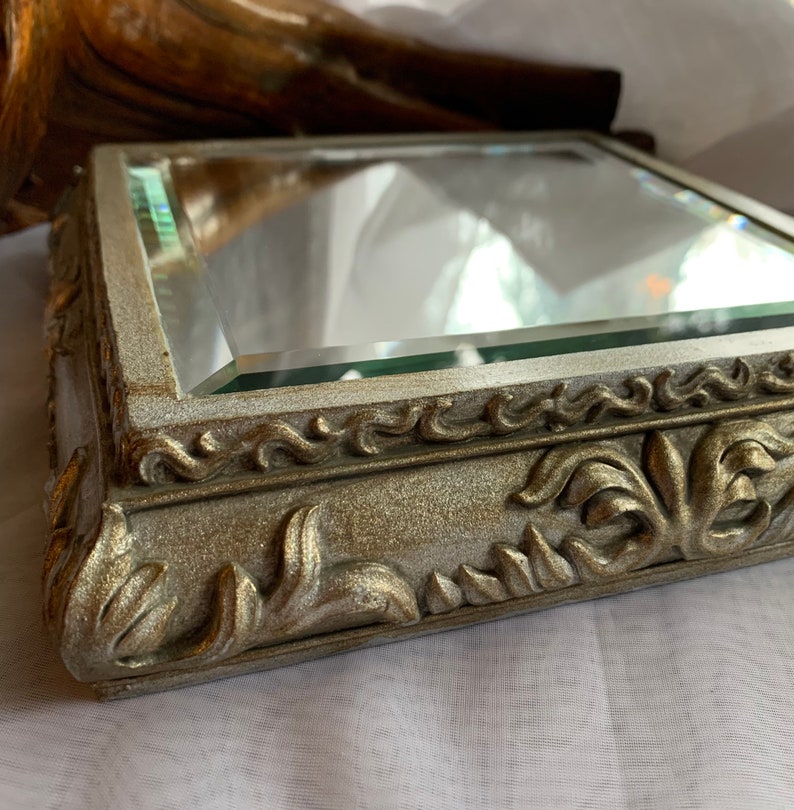 Vintage Small Ornate Silver Tone Square Raised/Relief Resin Bevelled Wall Mirror image 6