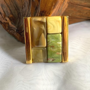 Vintage Mcm Gold Tone Multicolor Resin Stone Tile/Rectangular Cabochon Modernist Brooch