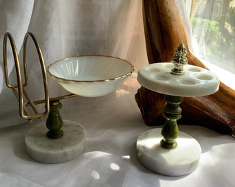 Vintage Mcm 70's Toothbrush Holder and Pedestal Soap Dish Set with Marble Base