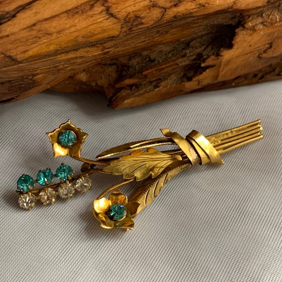 Vintage Art Deco Gold Plated Aqua and Clear Rhine… - image 2