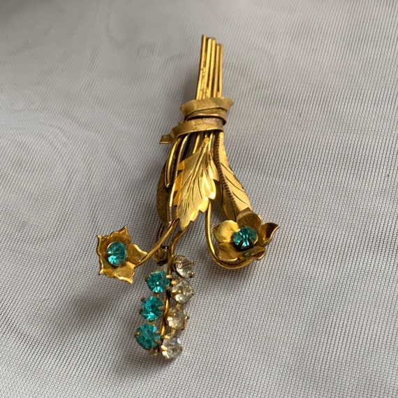 Vintage Art Deco Gold Plated Aqua and Clear Rhine… - image 5