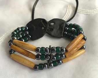 Vintage Bone Hairpipe & Leather Beaded Bracelet with Cord Ties