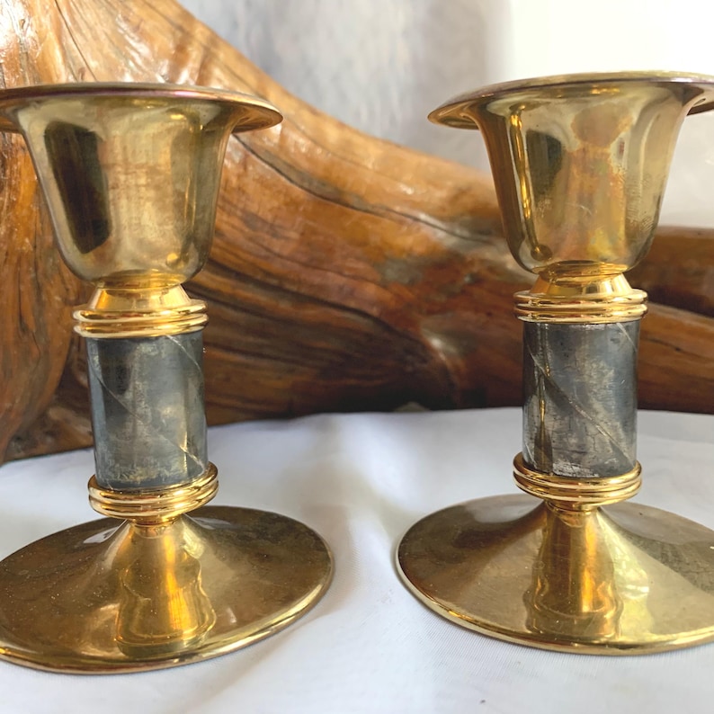 Vintage Lacquer Brass Marble Acrylic Candlestick Holders Set afbeelding 1